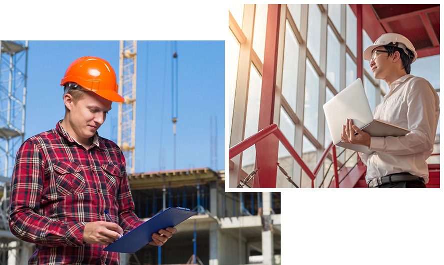 A man in an orange hard hat and plaid shirt holding papers.